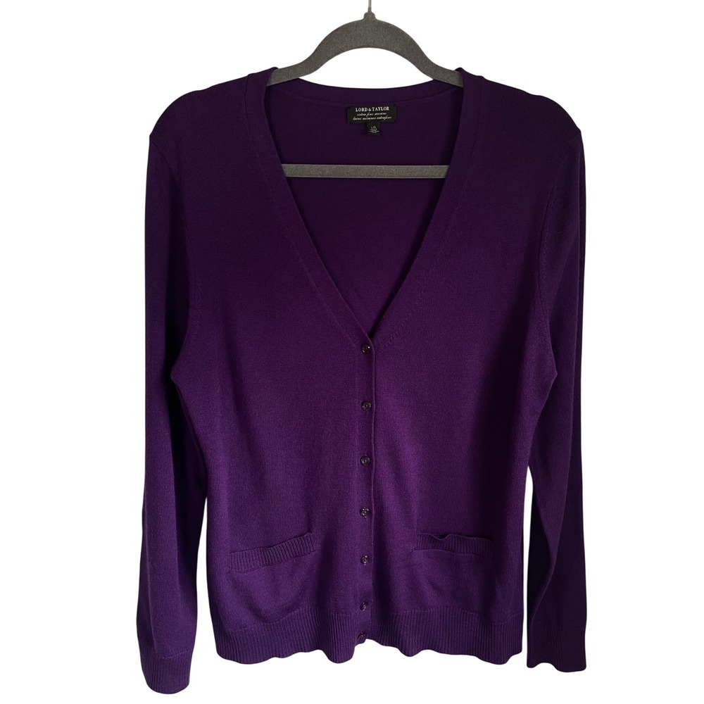 Lord & Taylor Purple Extra Fine Merino Wool V-Neck Cardigan Sweater Large